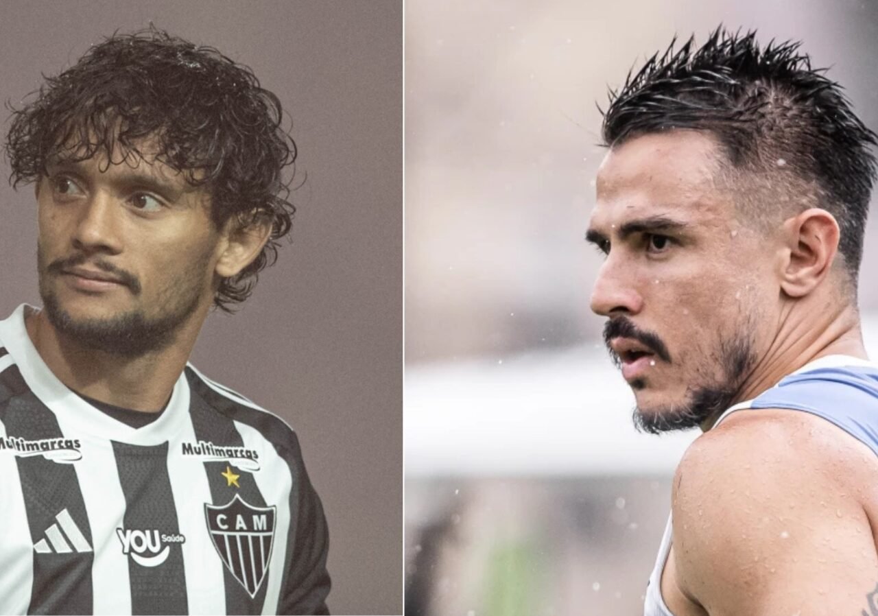 Gustavo Scarpa e Willian Bigode jogaram juntos no Palmeiras (foto: Pedro Souza/Atlético e Raul Baretta/Santos)