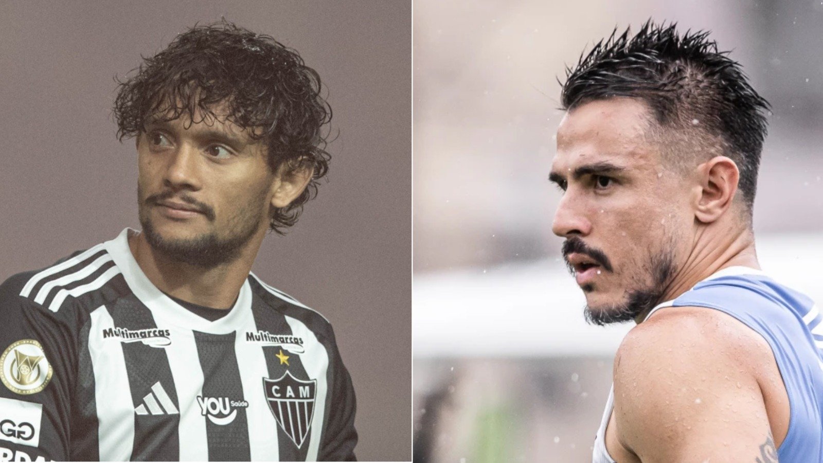 Gustavo Scarpa e Willian Bigode jogaram juntos no Palmeiras (foto: Pedro Souza/Atlético e Raul Baretta/Santos)