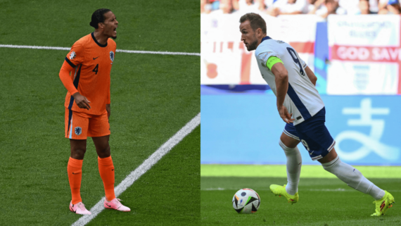 Van Dijk, zagueiro da Holanda, e Harry Kane, atacante da Inglaterra (foto: Gabriel Bouys/AFP; Alberto Pizzoli/AFP)