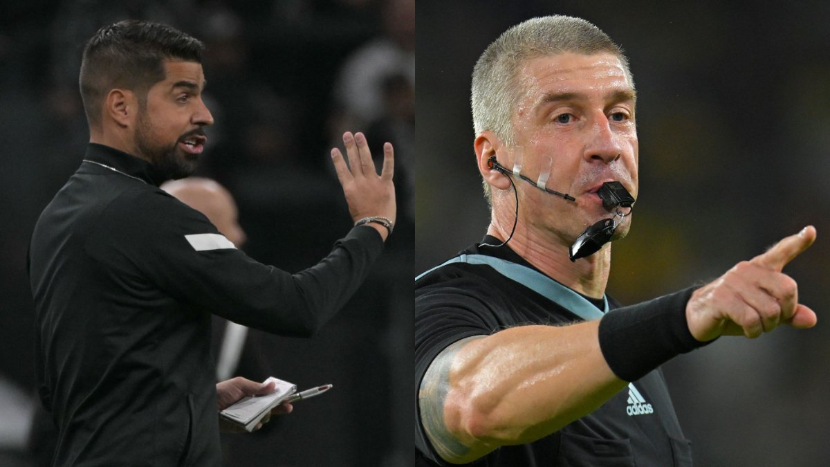 Técnico do Corinthians, António Oliveira alfinetou o árbitro Anderson Daronco (foto: NELSON ALMEIDA/AFP e RODRIGO BUENDIA/AFP)