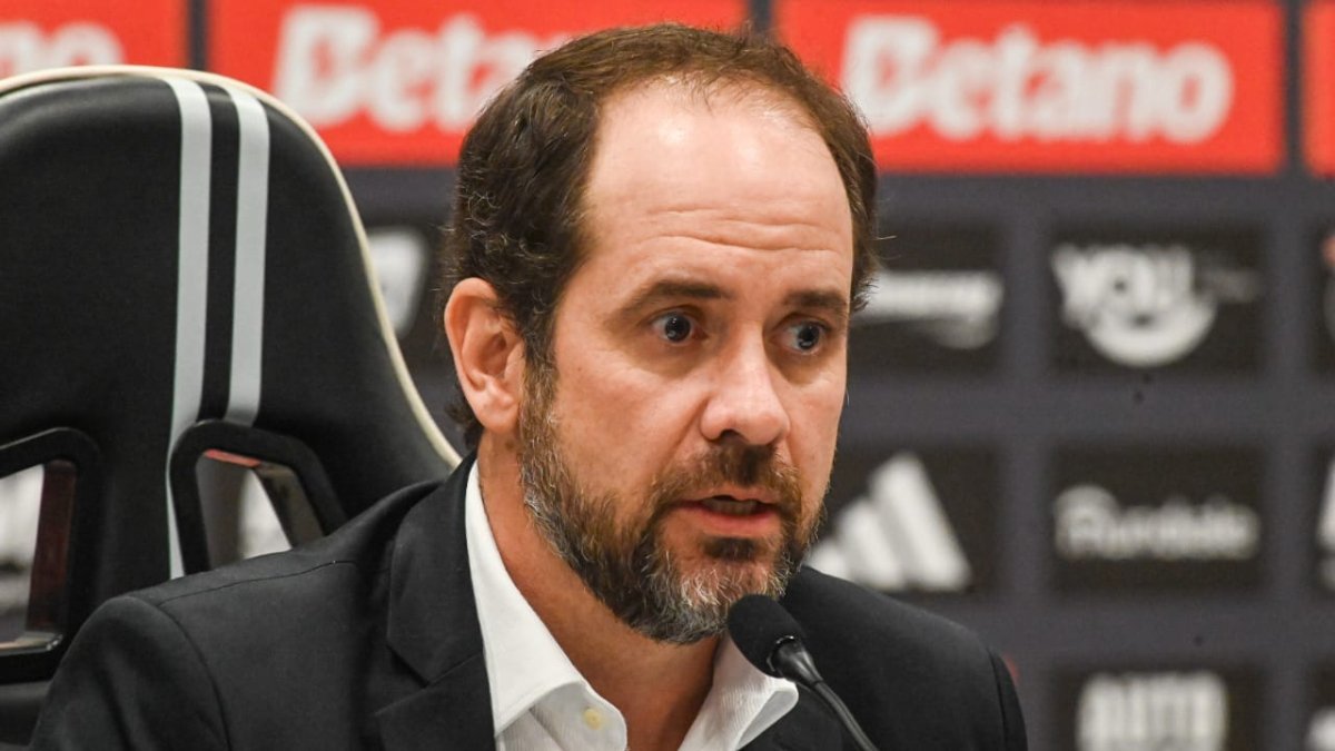 Bruno Muzzi, CEO da SAF do Atlético, durante entrevista coletiva na Arena MRV, nessa quinta-feira (11/7) (foto: Leando Couri/EM/D.A Press)