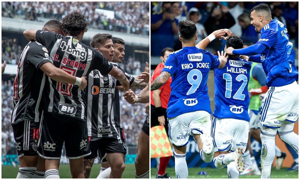 Jogadores de Atlético e Cruzeiro comemoram gols (foto: Pedro Souza/Atlético e Staff Images/Cruzeiro)