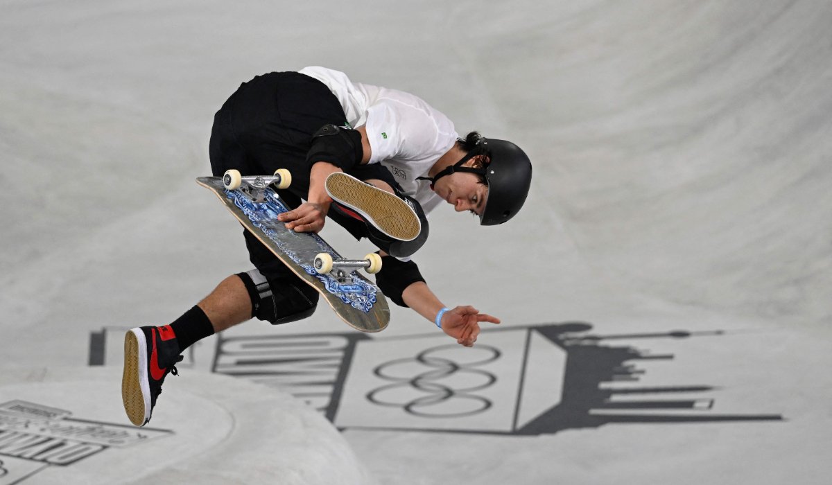 Luigi Cini durante competição de skate (foto: WANG Zhao / AFP)