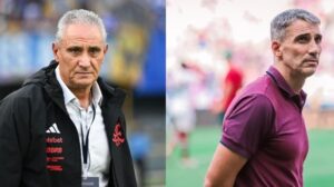 Tite, treinador do Flamengo, e Vojvoda, treinador do Fortaleza - Crédito: 