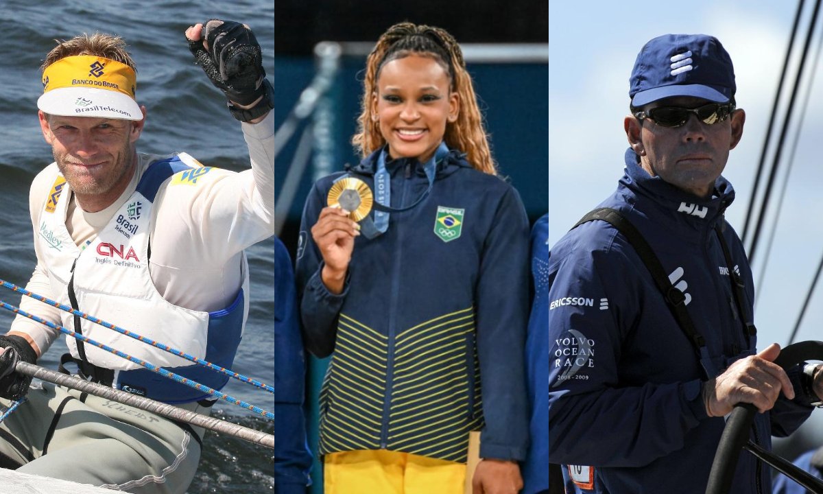 Robert Scheidt, Rebeca Andrade e Torben Grael (foto: Mauricio Val/VIPCOMM---Leandro Couri/EM/DA Press---Olivier Morin/AFP)