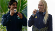 Gabriel Medina e Tatiana Weston-Webb (foto: Ed Sloane / POOL / 
e AFP Ben Thouard / POOL / AFP)