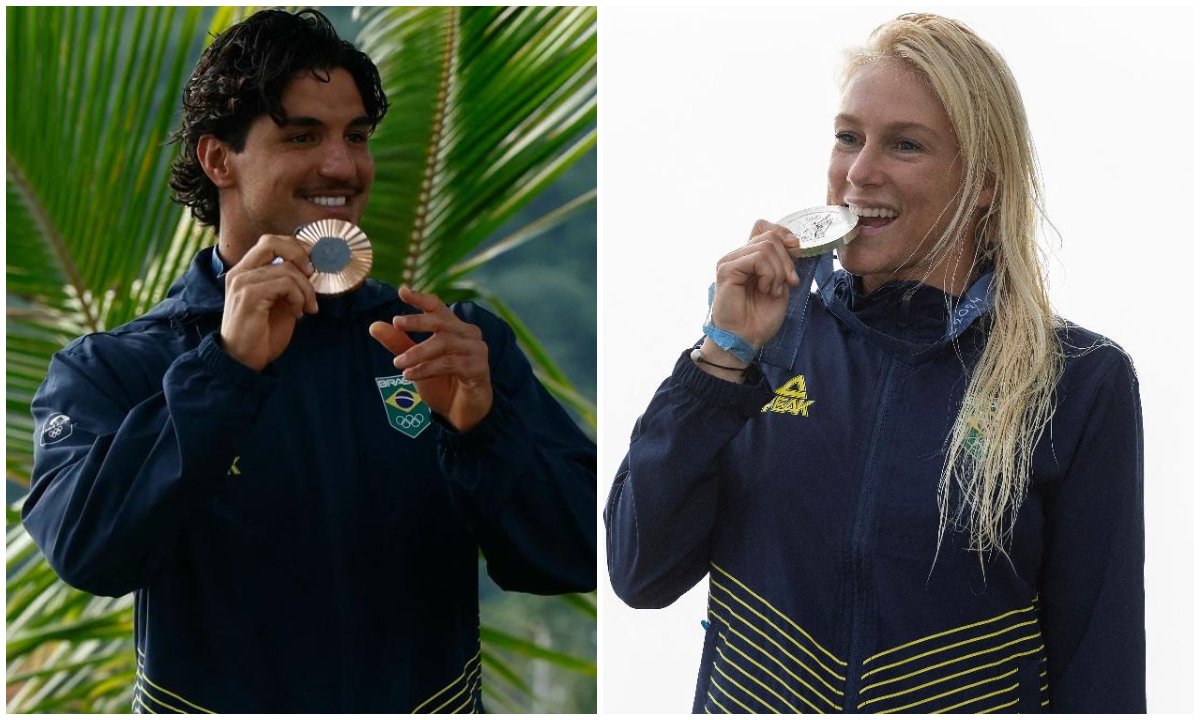 Gabriel Medina e Tatiana Weston-Webb (foto: Ed Sloane / POOL / e AFP Ben Thouard / POOL / AFP)