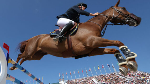 Henrik von Eckermann sofreu uma queda na final de saltos no hipismo em Paris 2024 (foto: PIERRE-PHILIPPE MARCOU/AFP)