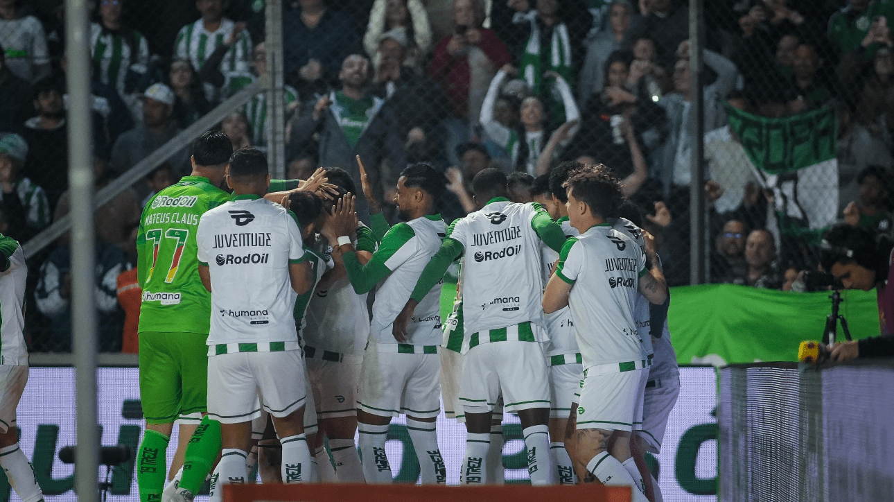 Jogadores do Juventude comemorando gol sobre Corinthians, pela Copa do Brasil (foto: Fernando Alves/ECJ)