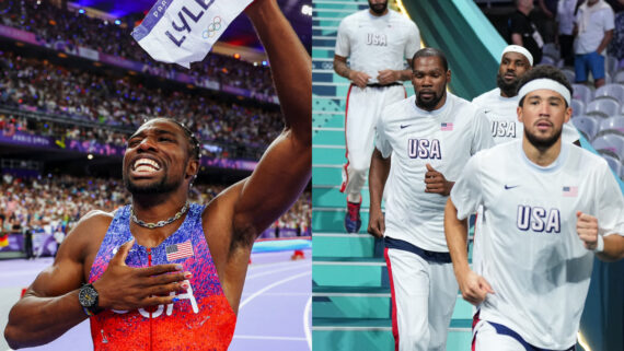 Noah Lyles (esquerda) e jogadores da NBA (direita) (foto: Divulgação / Time EUA)