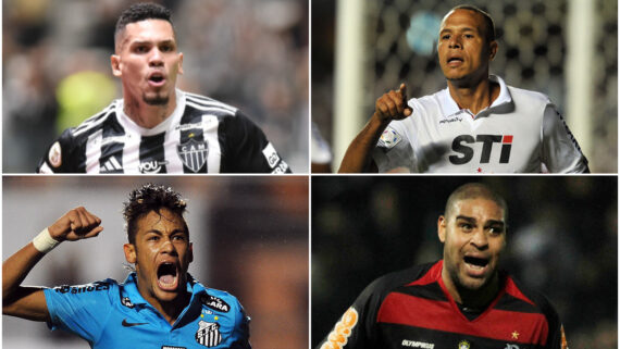 Paulinho, Luís Fabiano, Neymar e Adriano: alguns dos goleadores brasileiros na Libertadores (foto: Ramon Lisboa/EM/D.A Press, Nelson Almeida/AFP, Miguel Schincariol/AFP e Ivan Alvarado/REUTERS)