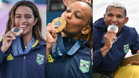 Rayssa Leal (esquerda), medalhista de bronze no skate street, Rebeca Andrade (centro), ouro na ginástica artística, e Isaquias Queiroz (direita), prata na canoagem (foto: Leandro Couri/EM/D.A Press)