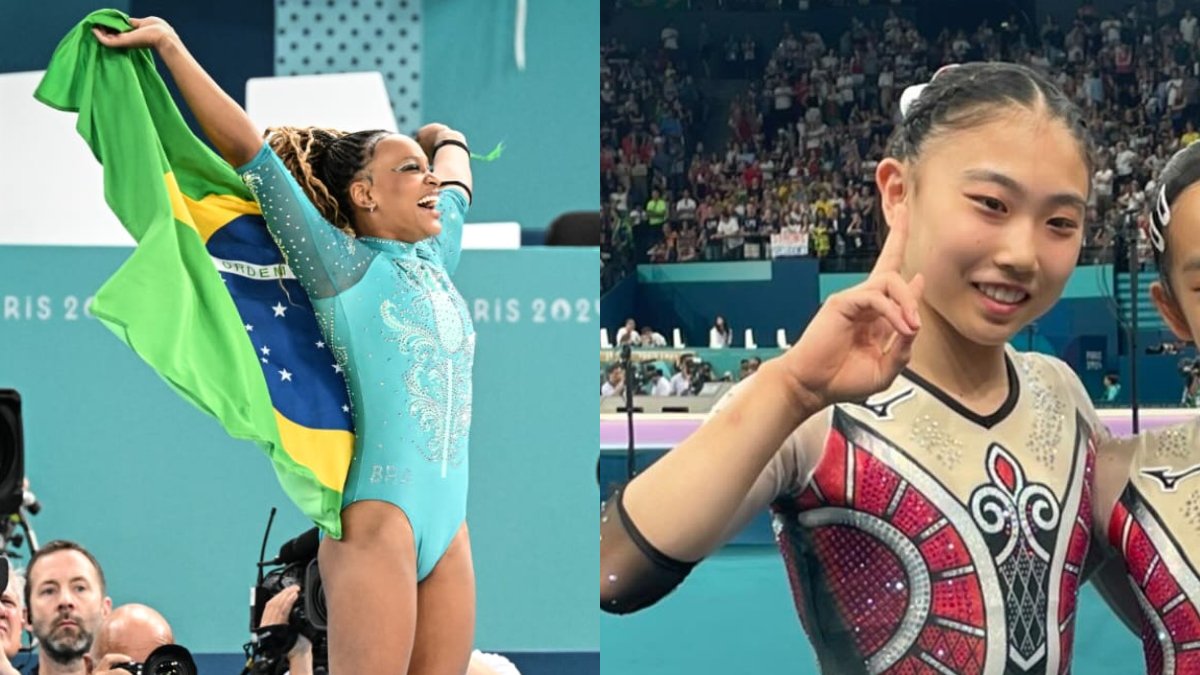 Rebeca Andrade foi tietada pela japonesa Rina Kishi após ouro no solo em Paris 2024 (foto: Leandro Couri/EM/D.A Press e Associação de Ginástica do Japão)