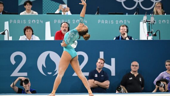 Rebeca Andrade na apresentação do solo em Paris 2024 (foto: Leandro Couri/EM/D.A Press)