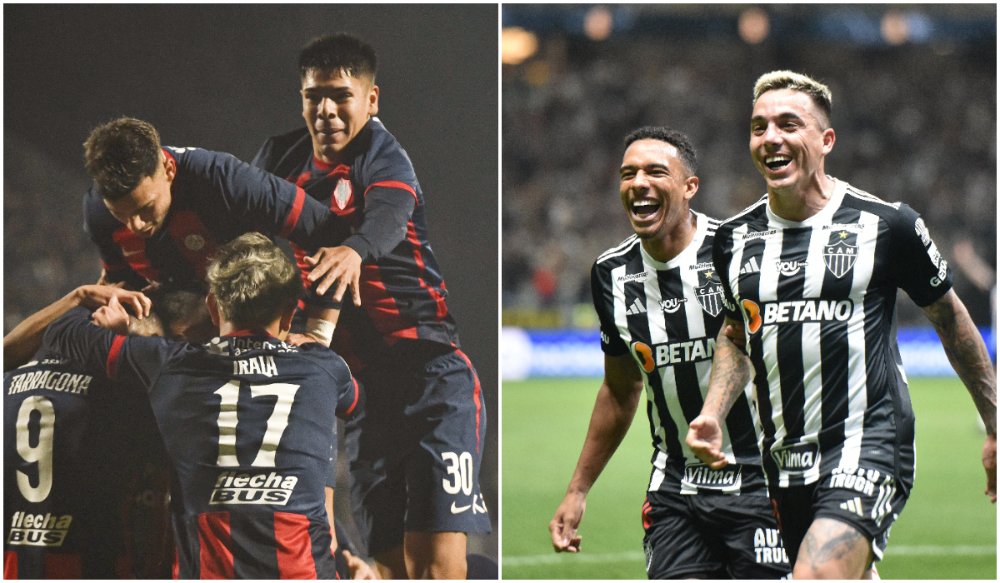 Jogadores de San Lorenzo e Atlético, respectivamente, em comemorações de gols (foto: Montagem com imagens de Divulgação/San Lorenzo e Ramon Lisboa/EM/D.A Press)