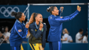 Simone Biles, Rebeca Andrade e Jordan Chiles, campeãs no solo em Paris 2024 (foto: Leandro Couri/EM/D.A Press)