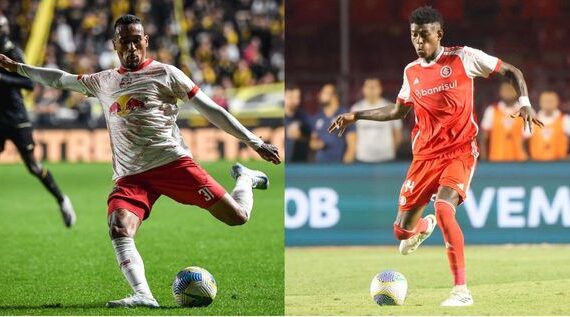 Guilherme, do Bragantino, e Vitão, do Internacional (foto: Ari Ferreira/Red Bull Bragantino e Ricardo Duarte/Internacional)