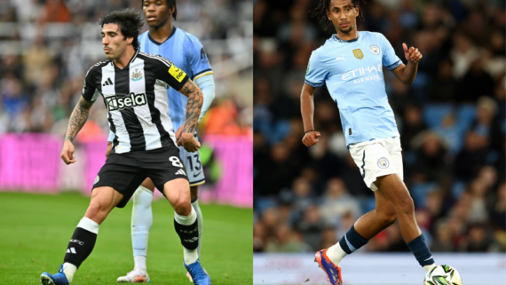 Tonali, do Newcastle, e Braithwaite, do Manchester City (foto: ANDY BUCHANAN / AFP e Darren Staples / AFP)