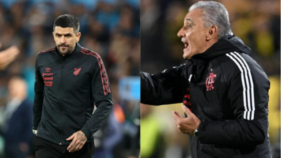 Lucho González, técnico do Athletico-PR, e Tite, do Flamengo (foto: ALEJANDRO PAGNI / AFP e Eitan Abramovich/AFP)