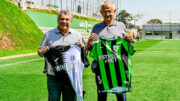 Alencar da Silveira Jr, presidente do América (esquerda), ao lado de Hristo Krusharski, Lokomotiv Plovdiv (direita), no CT Lanna Drummond (foto: Mourão Panda/América)