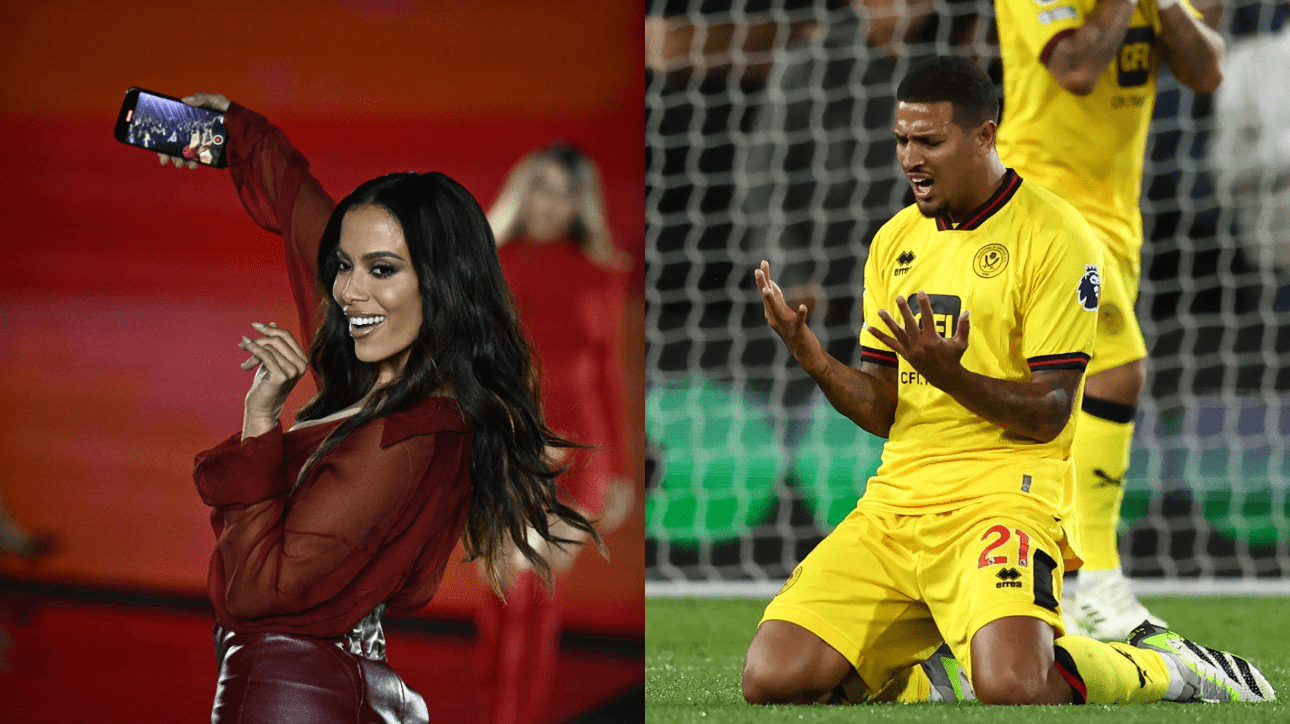 Anitta, cantora, e Vinição, volante do Sheffield United (foto: Julien De Rosa/AFP; Darren Staples/AFP)