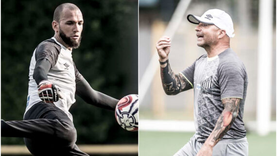 Everson e Jorge Sampaoli pelo Santos, em 2019 (foto: Montagem com imagens de Ivan Storti/Santos)