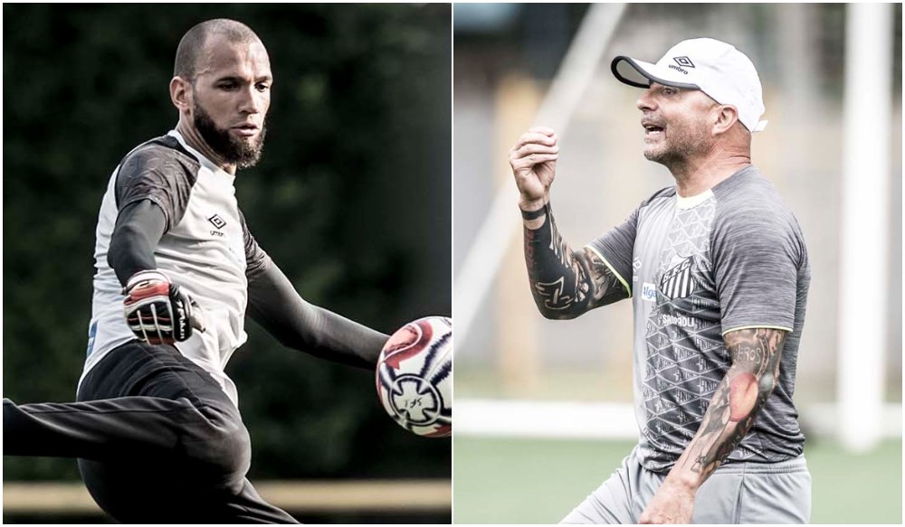 Everson e Jorge Sampaoli pelo Santos, em 2019 (foto: Montagem com imagens de Ivan Storti/Santos)