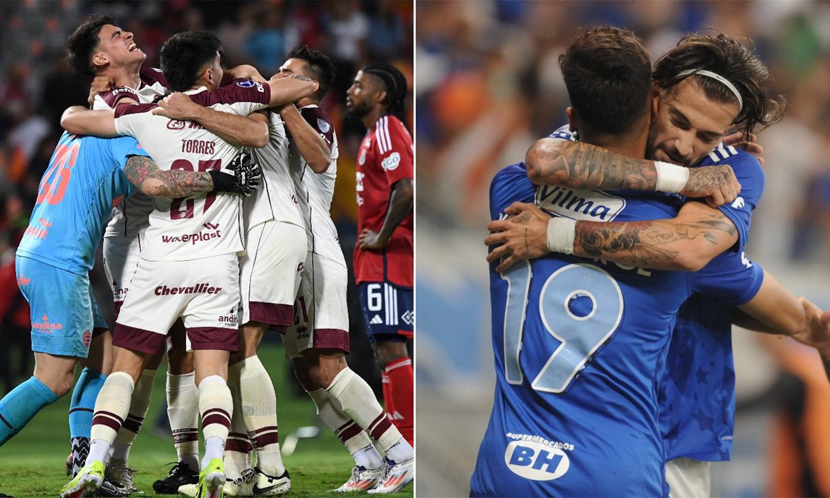 Lanús e Cruzeiro duelam na Sul-Americana (foto: Jaime SALDARRIAGA / AFP e Alexandre Guzanshe/EM D.A Press)