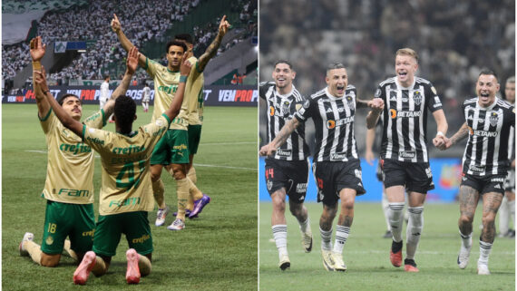 Jogadores de Palmeiras e Atlético em comemorações (foto: Montagem com imagens de Cesar Greco/Palmeiras e Alexandre Guzanshe/EM/D.A Press)