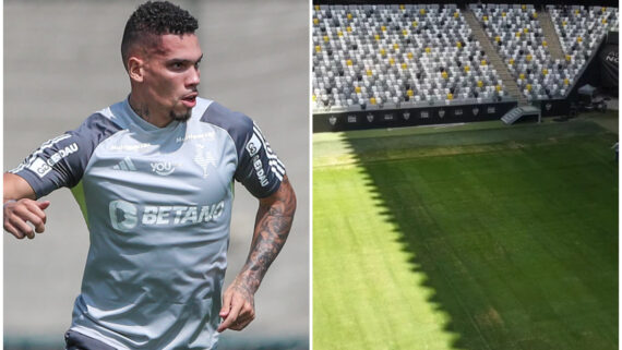 Paulinho tem expectativa por melhora no gramado da Arena MRV (foto: Pedro Souza/Atlético e Reprodução/YouTube/Arena MRV do Galão da Massa - Edante)