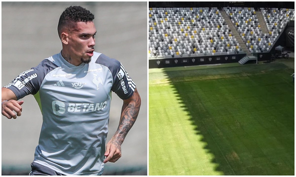 Paulinho tem expectativa por melhora no gramado da Arena MRV (foto: Pedro Souza/Atlético e Reprodução/YouTube/Arena MRV do Galão da Massa - Edante)