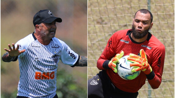 Sampaoli e Everson durante treino do Atlético na Cidade do Galo (11/9/2020) (foto: Montagem com imagens de Pedro Souza/Atlético)