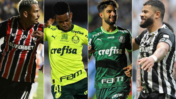 Luciano (São Paulo), Estevão (Palmeiras), Flaco López (Palmeiras) e Hulk (Atlético) (foto: AFP/PHOTO e Alexandre Guzanshe/EM D.A Press)