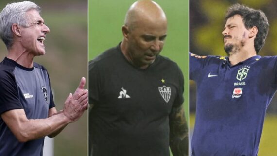 Luis Castro, Sampaoli e Fernando Diniz (foto: Montagem com fotos: Vítor Silva/Botafogo - 
Edésio Ferreira/EM/D.A Press - Juan Barreto/AFP via Getty Images)