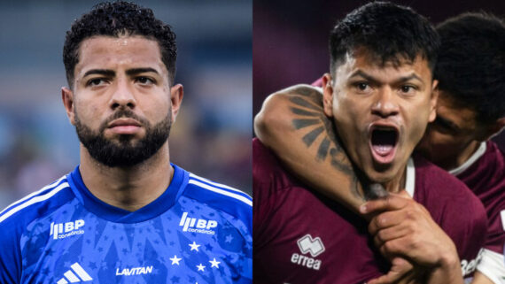 João Marcelo, do Cruzeiro, e Walter Bou, do Lanús (foto: Gustavo Aleixo/Cruzeiro e Divulgação/Conmebol)