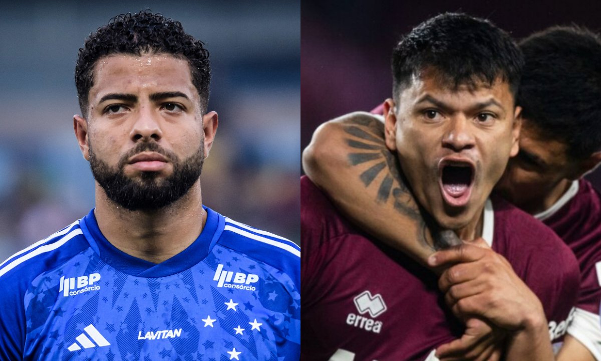 João Marcelo, do Cruzeiro, e Walter Bou, do Lanús (foto: Gustavo Aleixo/Cruzeiro e Divulgação/Conmebol)