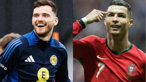 Robertson, da Escócia, e Cristiano Ronaldo, de Portugal (foto: Reprodução/Escócia e Portugal)