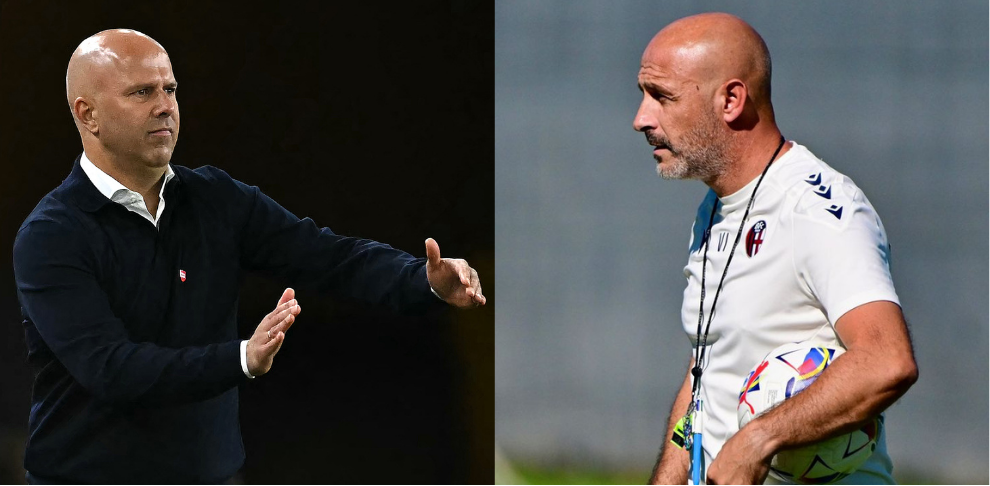 Arne Slot, técnico do Liverpool, e Vincenzo Italiano, do Bologna (foto: Paul ELLIS / AFP e Divulgação/Bologna)