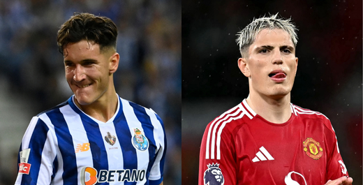 Deniz Gul, do Porto, e Garnacho, do Manchester United (foto: MIGUEL RIOPA / AFP e Paul ELLIS / AFP)