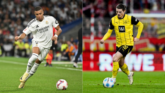 Mbappé, do Real Madrid, e Sabitzer, do Borussia Dortmund (foto: JAVIER SORIANO / AFP e Borussia Dortmund)