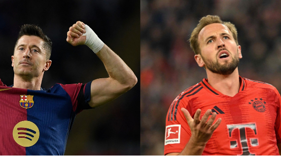 Lewandowski, do Barcelona, e Harry Kane, do Bayern (foto: Josep LAGO / AFP e LUKAS BARTH-TUTTAS / AFP)