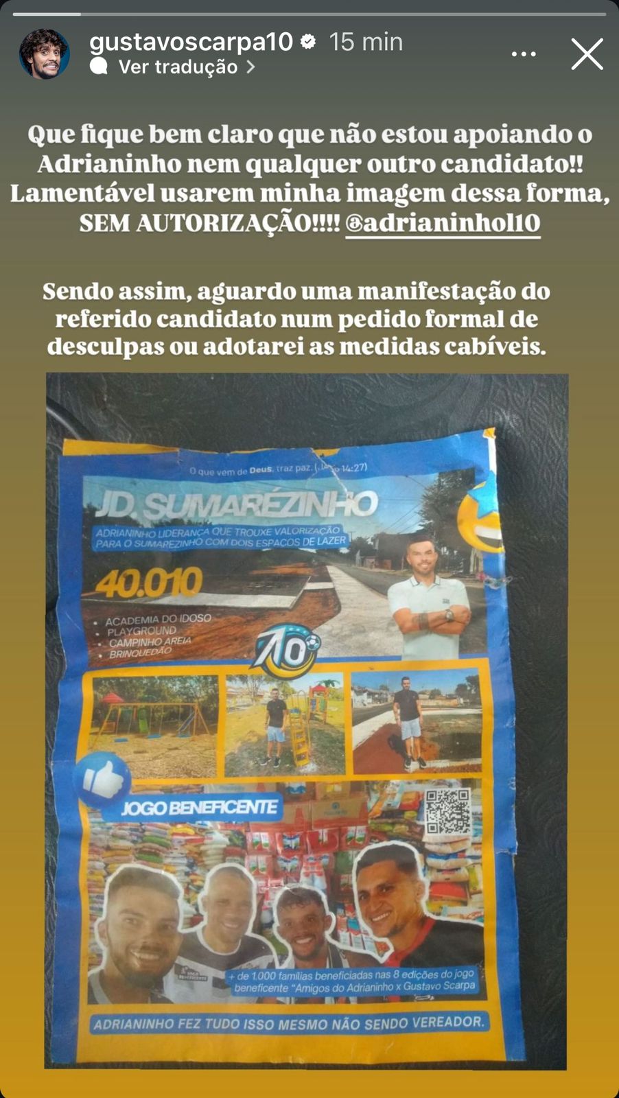 Gustavo Scarpa protesta contra candidato no Instagram - (foto: Reprodução/Instagram/Gustavo Scarpa)