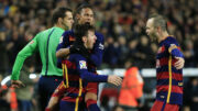 Messi, Neymar e Iniesta comemoram gol do Barcelona na Copa do Rei de 2015/2016 (foto: PAU BARRENA/AFP)