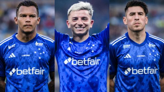 Gabriel Veron, Álvaro Barreal e Lucas Villalba em jogo do Cruzeiro (foto: Montagem de fotos de Gustavo Aleixo/Cruzeiro)