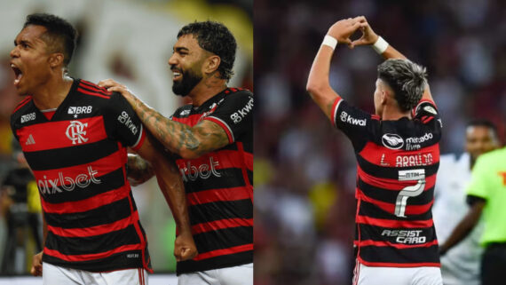 Alex Sandro (último à esquerda) e Luiz Araújo comemoram gols pelo Flamengo (foto: Marcelo Cortes/Flamengo)