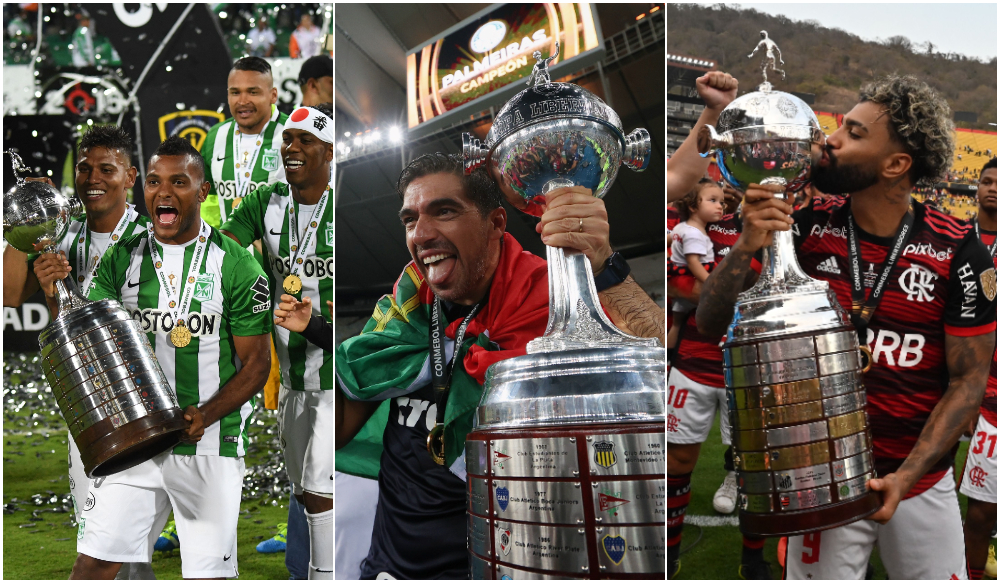 Atlético Nacional, Palmeiras e Flamengo: únicos a vencer o mata-mata nacional e a Libertadores na mesma temporada - (foto: Montagem com imagens de Luis Acosta/AFP (2) e Divulgação/Palmeiras)