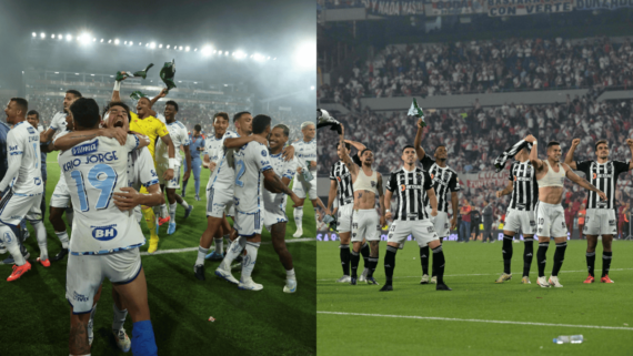 Jogadores do Cruzeiro, à esquerda; e jogadores do Atlético, à direita (foto: Alejandro Pagni/AFP; Juan Mabromata/AFP)