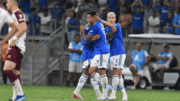 Kaio Jorge, do Cruzeiro, comemorando gol sobre o Lanús, pela Sul-Americana (foto: Alexandre Guzanshe/EM/D.A Press)