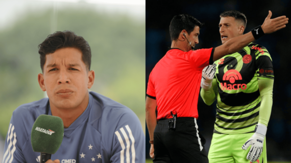 Lucas Romero, volante do Cruzeiro, e Nahuel Losada, goleiro do Lanús (foto: Alexandre Guzanshe/EM/D.A Press; Diego Lima/AFP)