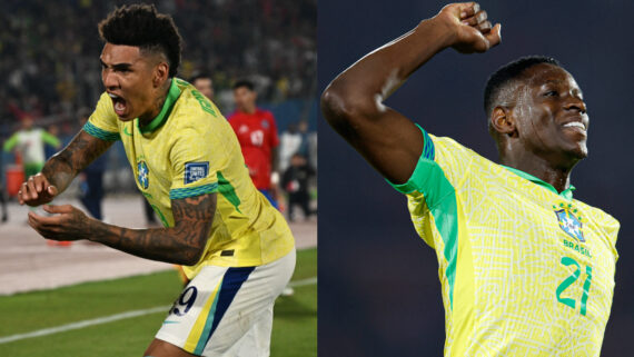 Igor Jesus e Luiz Henrique comemoram gols pela Seleção sobre o Chile (foto: Rafael Ribeiro/CBF e Rodrigo ARANGUA / AFP)